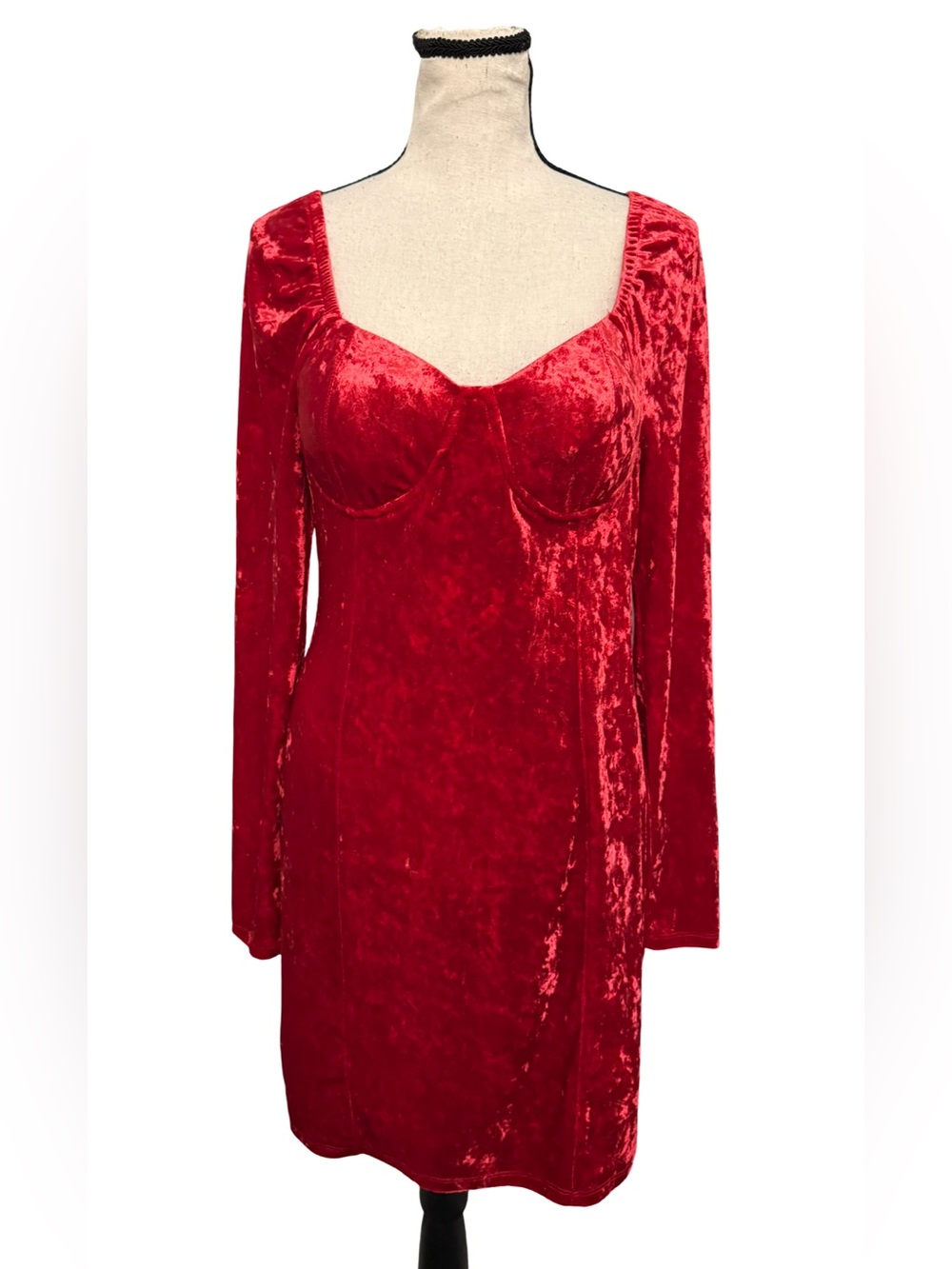 Madden NYC Red Crushed Velvet Corset Mini Dress Size Large Long Sleeve Bodycon